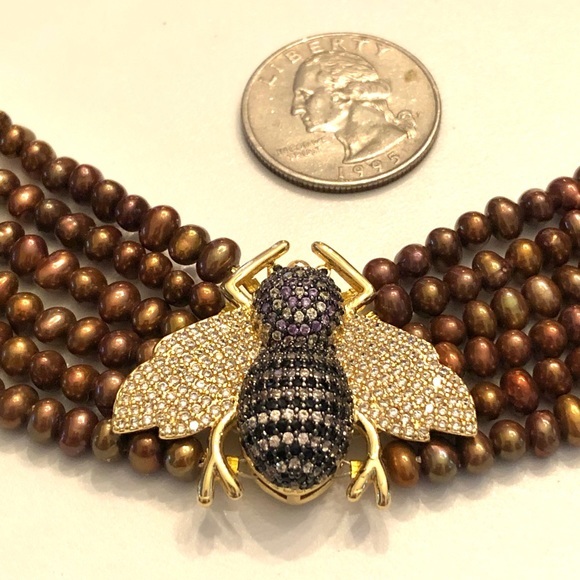 6 Row Genuine Cultured Golden Pearl Necklace with Pave Bee - Picture 8 of 11